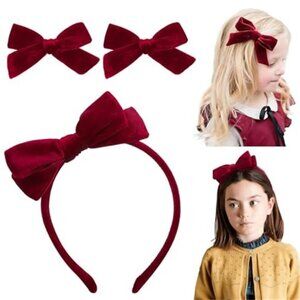 Dark Red Velvet Bow Headband Hair Clips Girls School Uniform Set